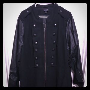 Tunic length military coat with pleather sleeves